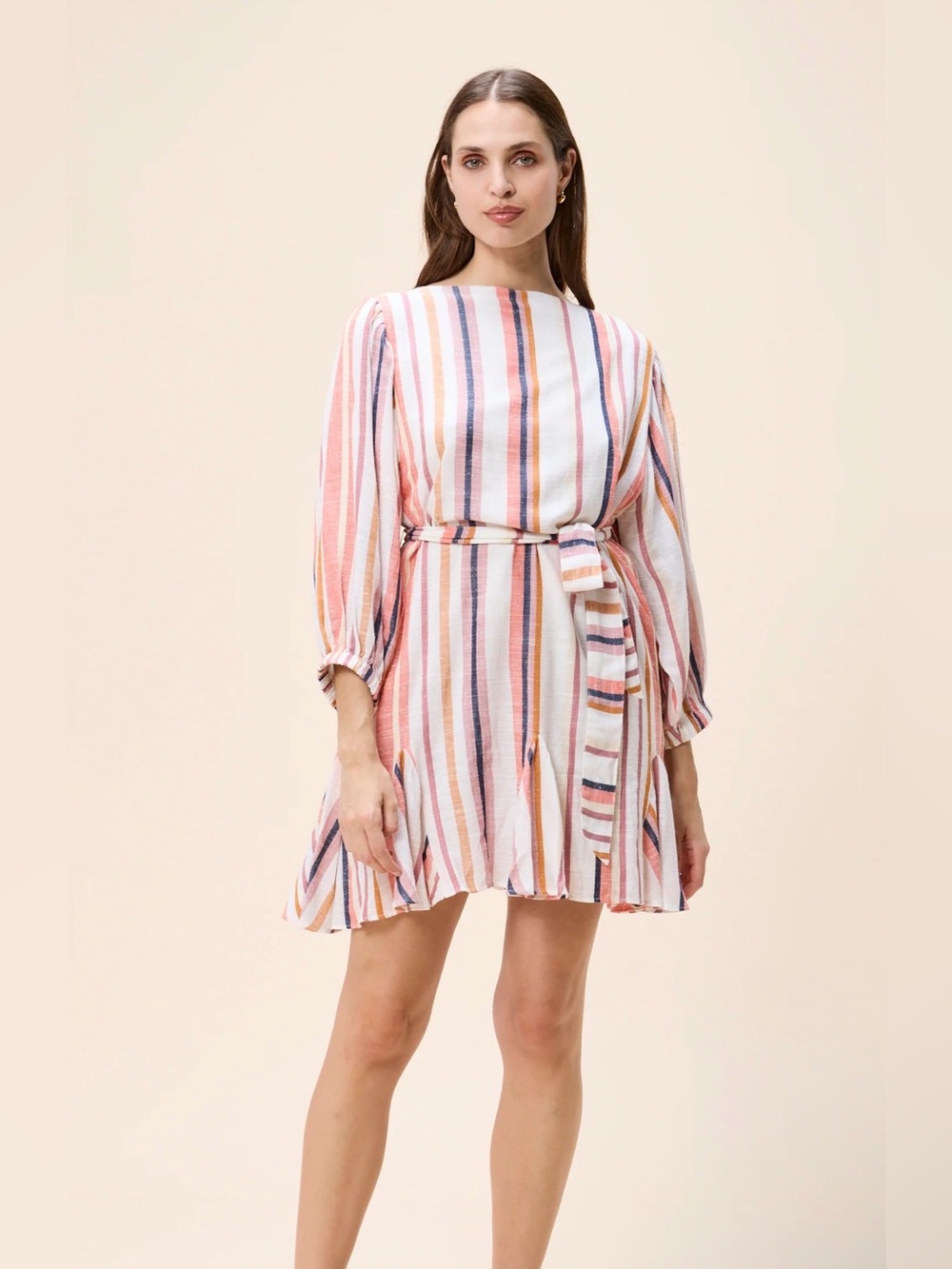 NWT CLEOBELLA Striped Belted Mini Dress in Blush Multi